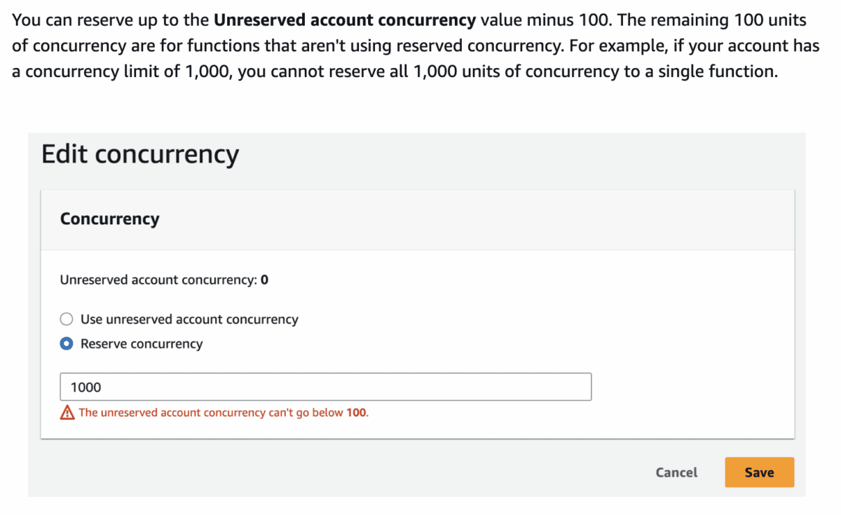 Screenshot showing the "Edit concurrency" section in the Lambda Functions configuration