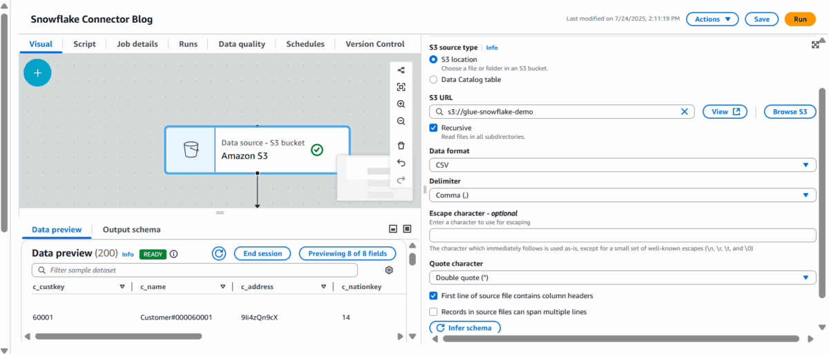 The newly created job, showing the S3 connection configured