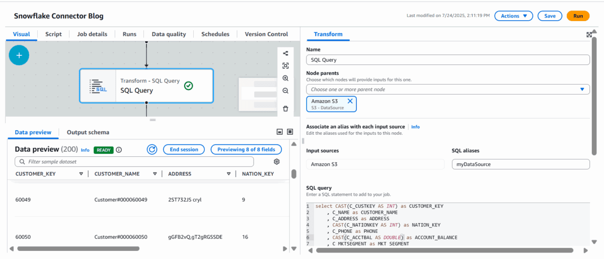 The "Transform - SQL Query" node selected, showing its configuration options