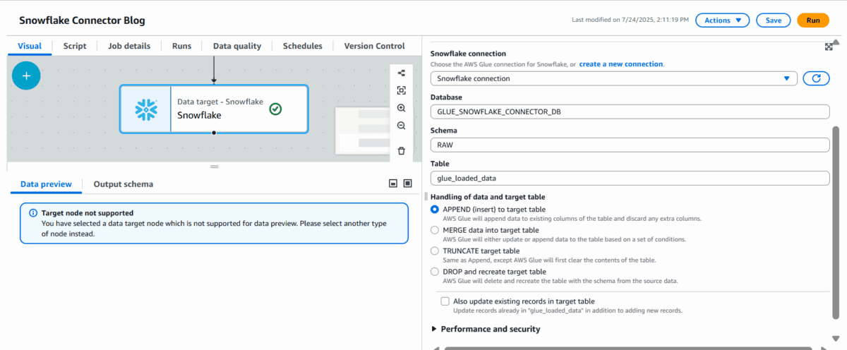 The Data Target node selected, showing its configuration options