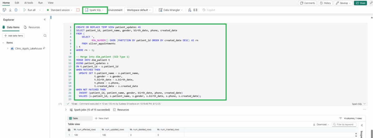 Screenshot of the Spark SQL code