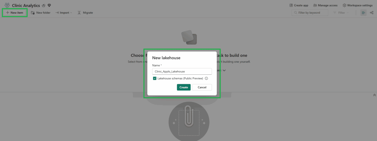 The "New Lakehouse" popup window