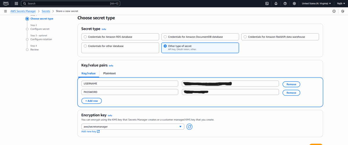 Entry creation view in the AWS Secret Manager