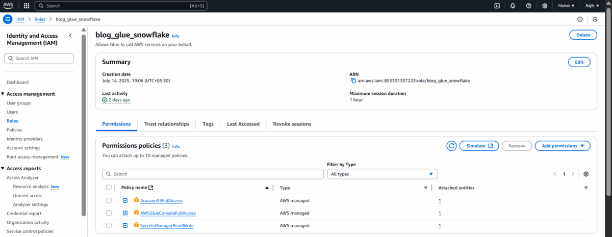 The IAM Role configuration view