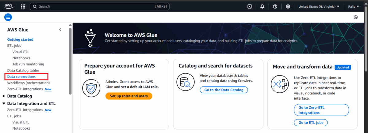 The main page in AWS Glue, showing the "Data Connections" menu entry on the side