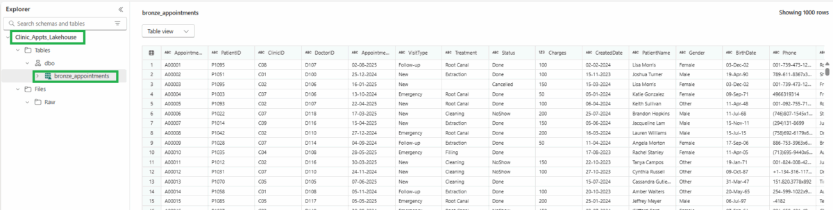 The resulting "bronze_appointments" table