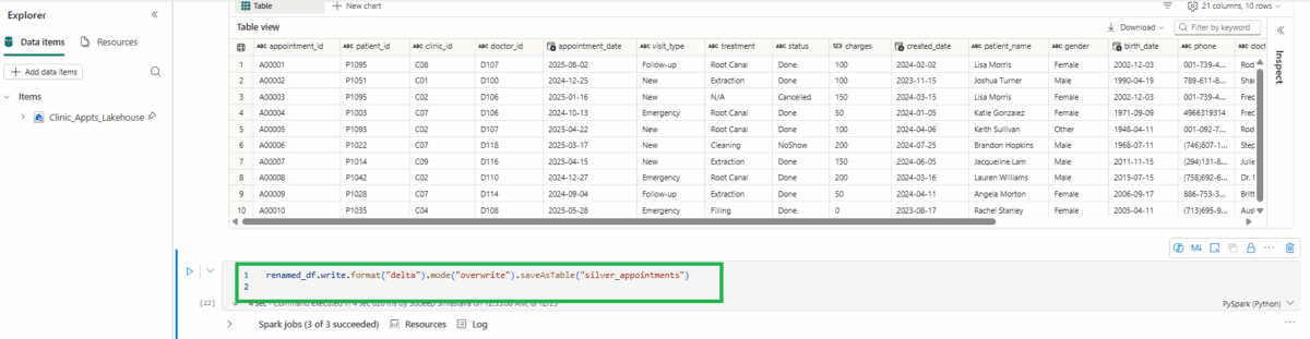 The section of the notebook showing the code for saving the data as a table.